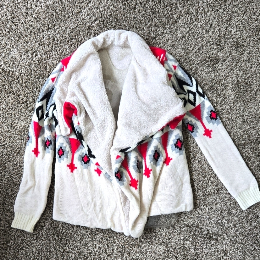 Love By Design Open Cardigan Sweater Sherpa Off White Pink Black Southwestern